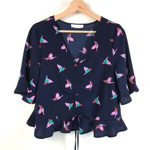 Elodie Navy Bird Print Ruched Front Top Size Small